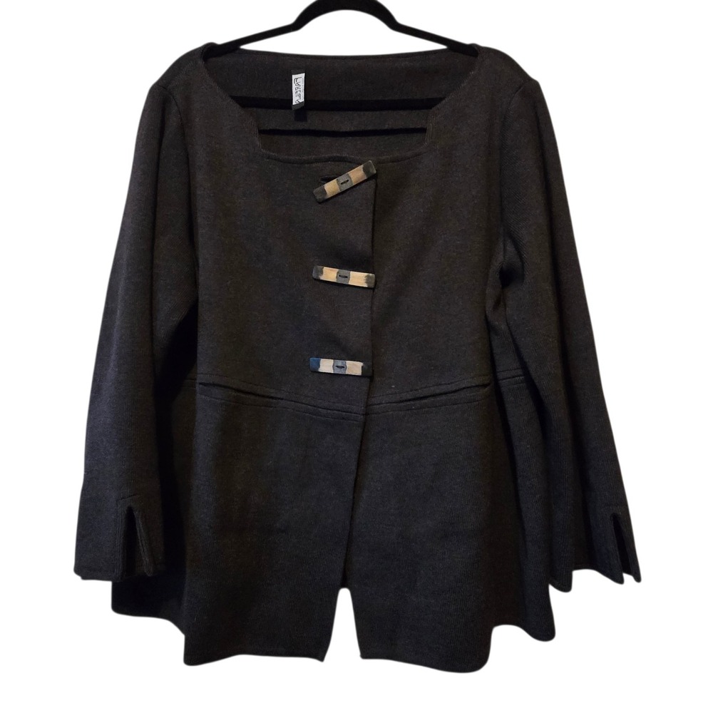 Farella Italy Designer Sweater Womens 1X 2X Black Artsy Stone Buttons Lagenlook